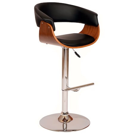 Armen Living Paris Black Faux Leather Adjustable Height Swivel Walnut Wood and Chrome Bar Stool LCPASWBABLWA